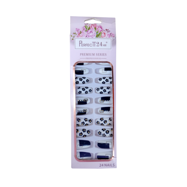 Perfect 24 Premium Series Artificial Nails – Navy Blue & Floral Design (24 Nails Set)