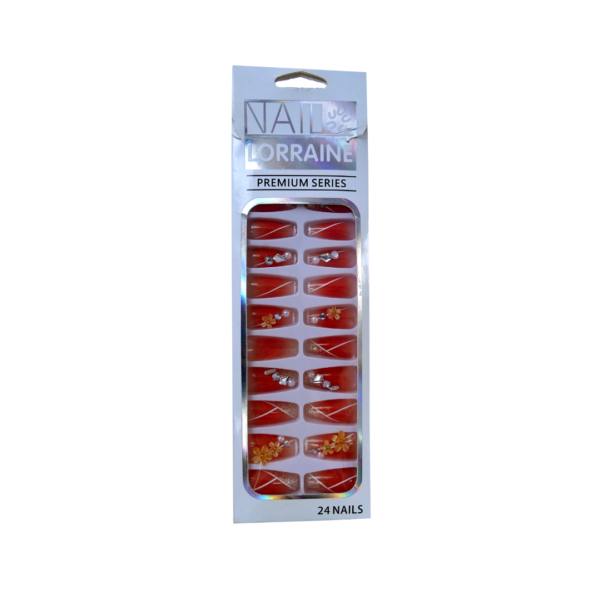 Nails Lorraine Premium Series Artificial Nails – Red Gloss with Floral & Rhinestone Design (24 Nails Set) 💅✨