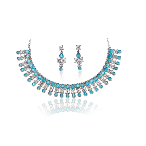 Elegant Blue Stone Choker Necklace & Earrings Set – Premium Silver Finish