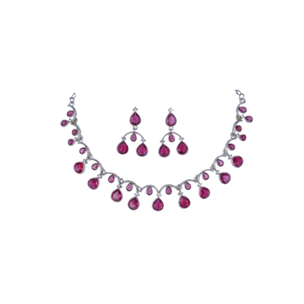 Silver-Finished Elegant Ruby Teardrop Necklace and Earring Set